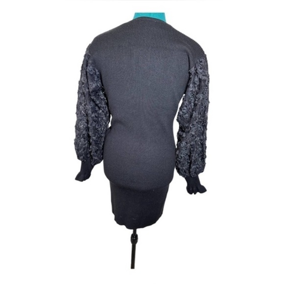 Lush Ribbed Faux Wrap Sweater Dress With Balloon Applique Sleeves in Black - Picture 5 of 8